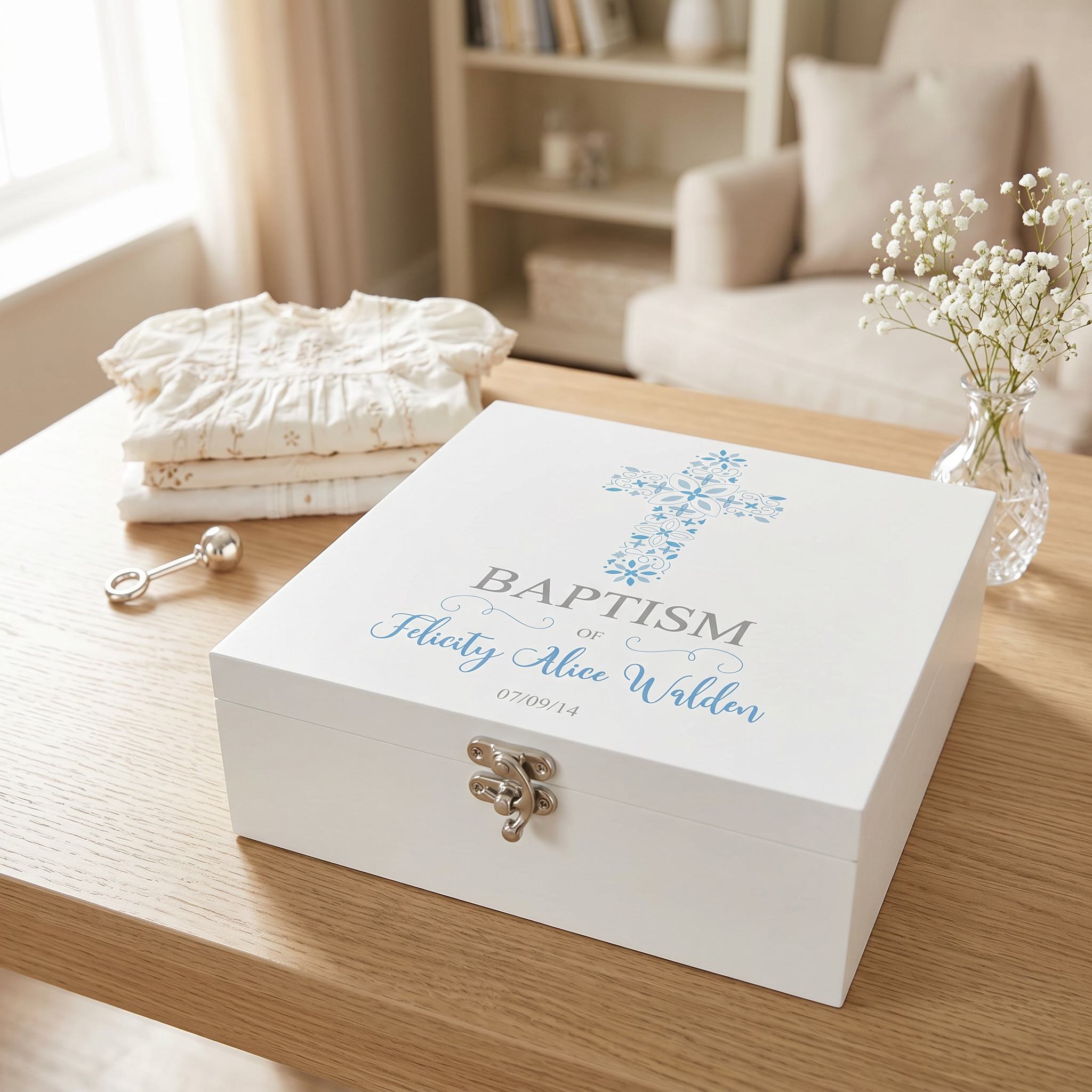 A white wooden box with a blue floral design and text, placed on a wooden table.