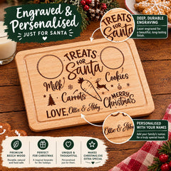 a wooden treat board with personalized engravings for Santa Claus, including treats like milk, carrots, cookies, and love. The treat board is described as a "Premium beech wood" and "Durable, natural and beautiful". It is also highlighted as a "Personalised with your names" and "Extra special". The image includes a close-up of the treat board, along with a glass of milk and some Christmas decorations, creating a festive atmosphere.