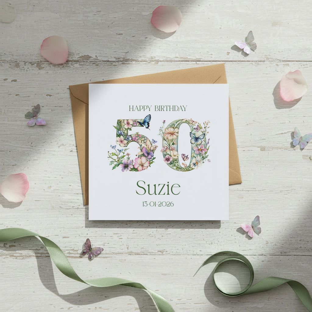 Personalised Luxury Linen 50th Birthday Card, Mum Daughter Auntie Niece Grandma Friend Floral Numbers Personalised Cards ukgiftstoreonline