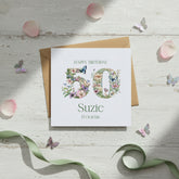 Personalised Luxury Linen 50th Birthday Card, Mum Daughter Auntie Niece Grandma Friend Floral Numbers Personalised Cards ukgiftstoreonline