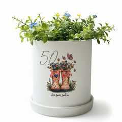 Personalised Plant Pot - 50th Birthday Gift With Floral Pink Boots Design & Matching Tray ukgiftstoreonline
