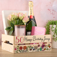 Personalised 50th Birthday Flower Crate Box Gift For Her storage crate ukgiftstoreonline