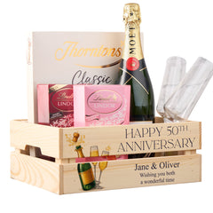 Personalised 50th Anniversary Crate Box Gift For Couple With Champagne Design
