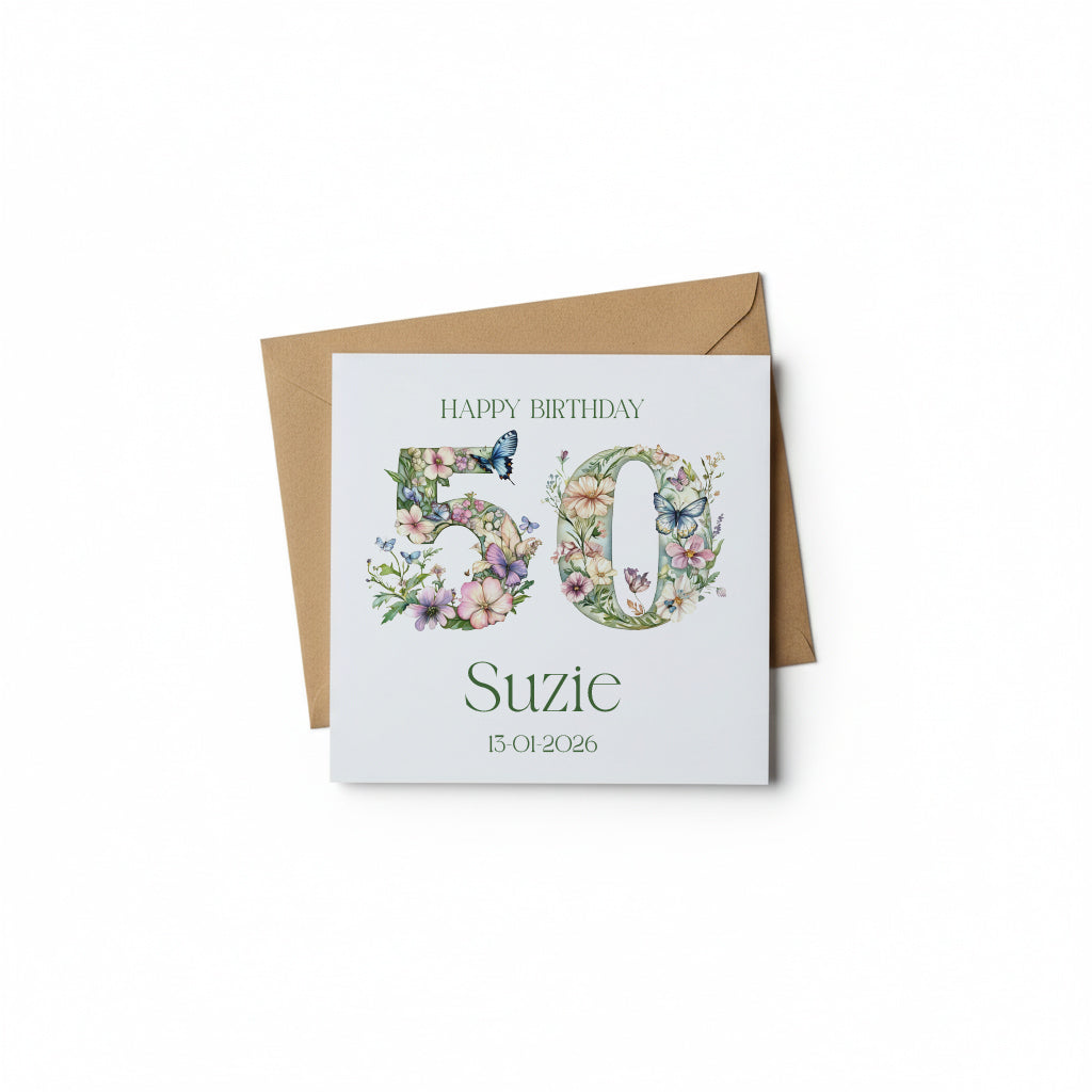 Personalised Luxury Linen 50th Birthday Card, Mum Daughter Auntie Niece Grandma Friend Floral Numbers Personalised Cards ukgiftstoreonline