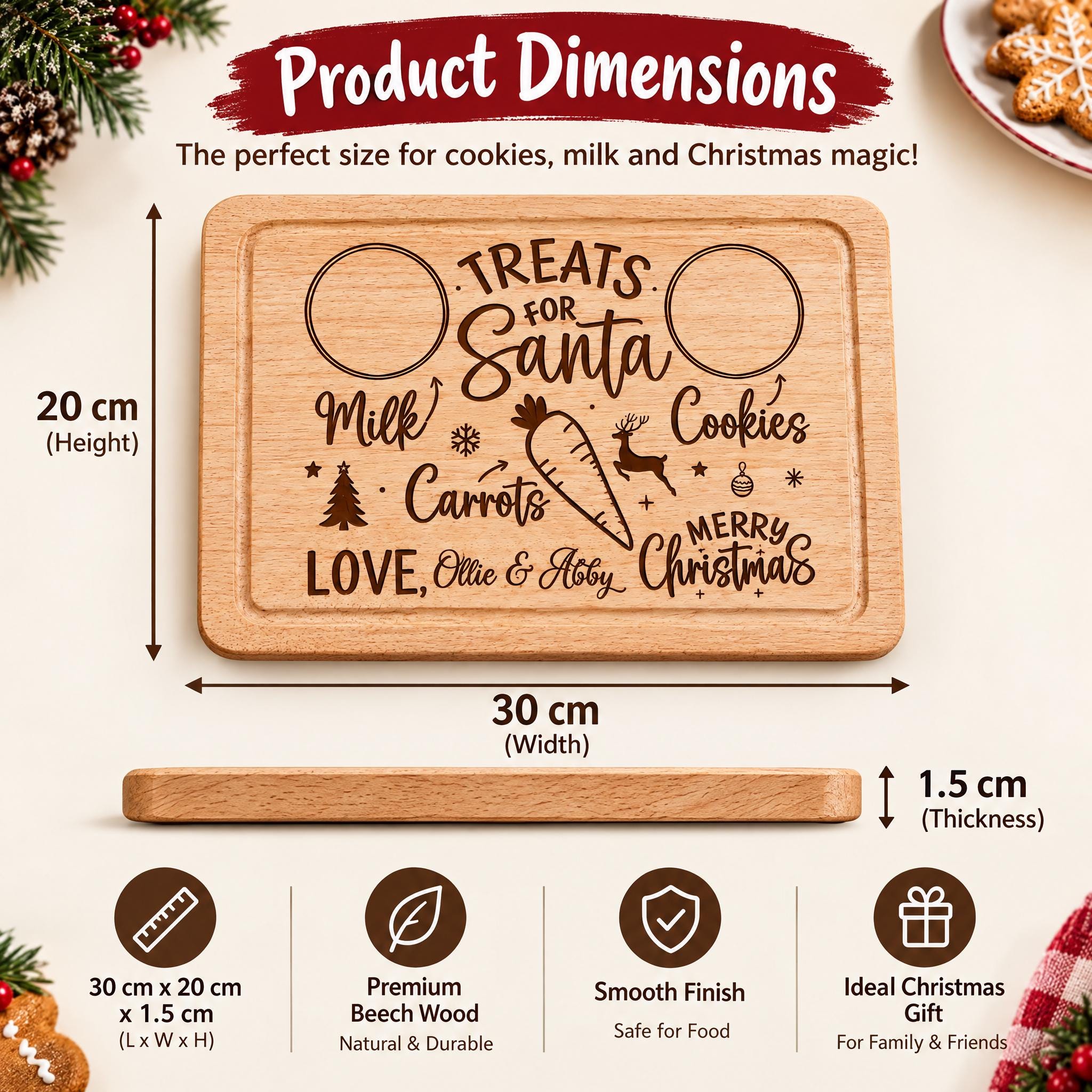 The image is a product dimensions chart for a wooden cookie tray, featuring a design that includes Santa Claus, milk, cookies, carrots, love, and a Christmas tree. The chart provides the dimensions of the tray in centimeters, including a thickness of 1.5 cm.