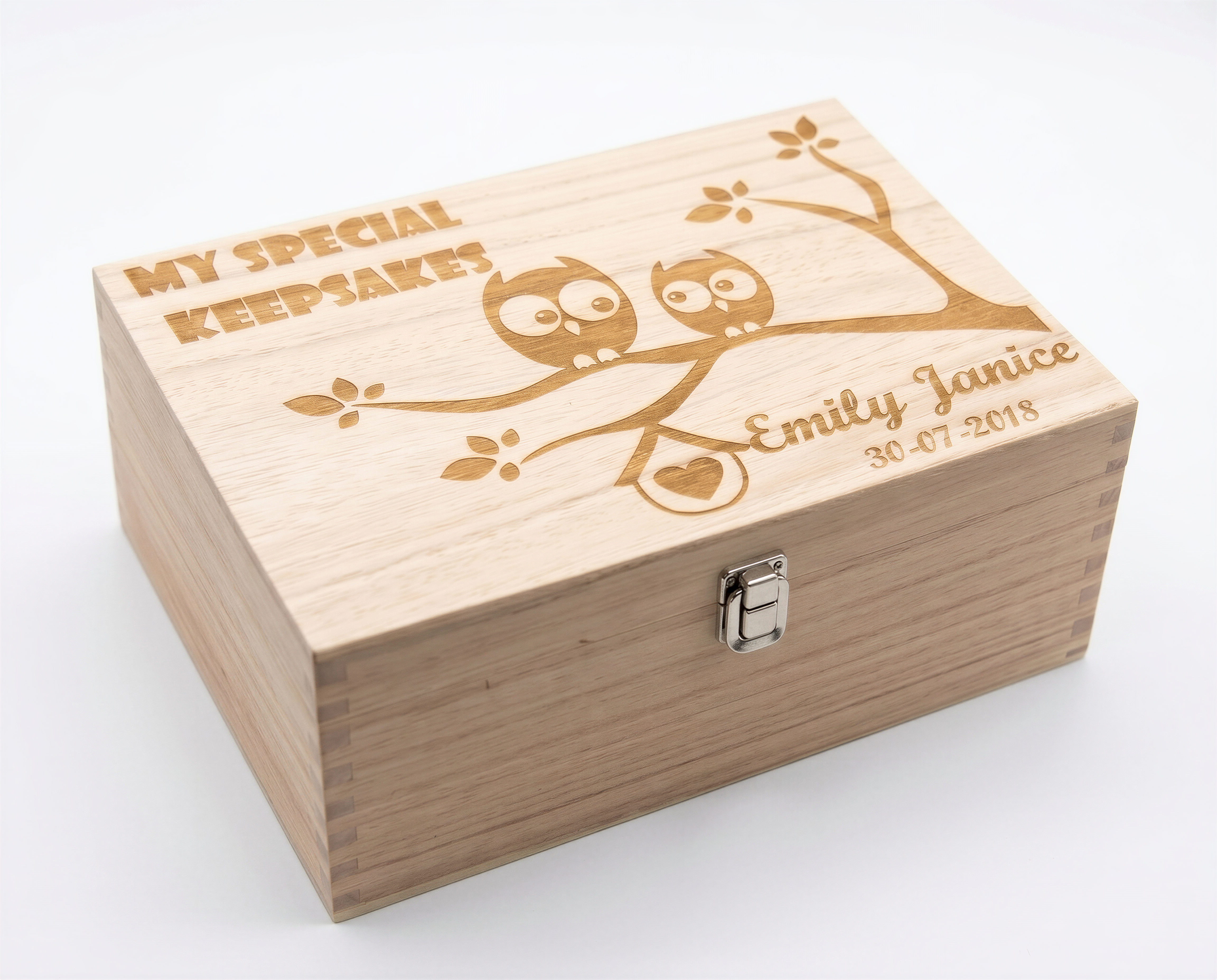 Large Wooden Personalised Owl Design Baby Memories Keepsake Box Keepsake Memory Box Raised Words