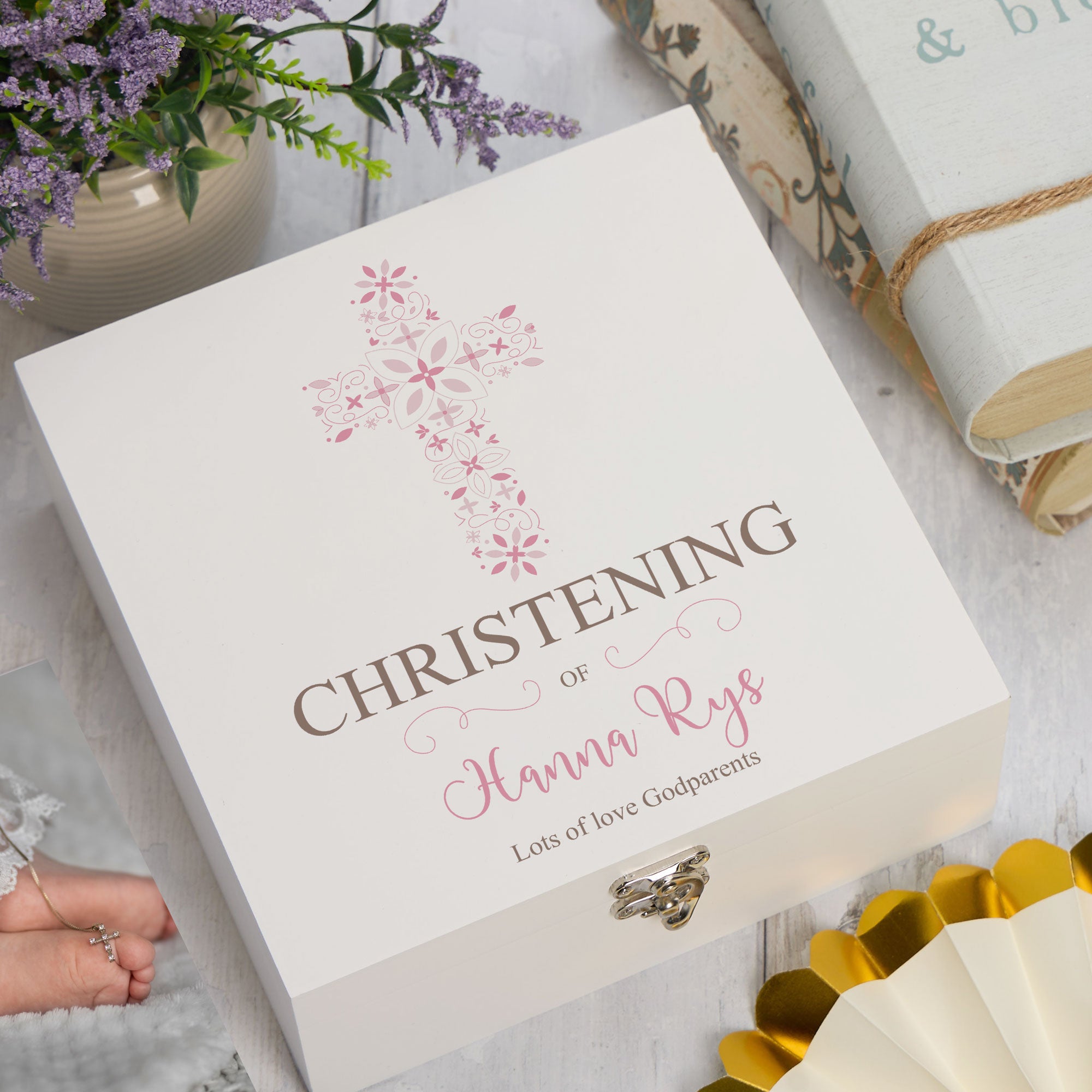 ukgiftstoreonline Personalised Christening Pink Ornate Cross Design Keepsake Memory Box Keepsake Memory Box ukgiftstoreonline Wood Box Medium