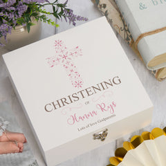 ukgiftstoreonline Personalised Christening Pink Ornate Cross Design Keepsake Memory Box Keepsake Memory Box ukgiftstoreonline Wood Box Medium