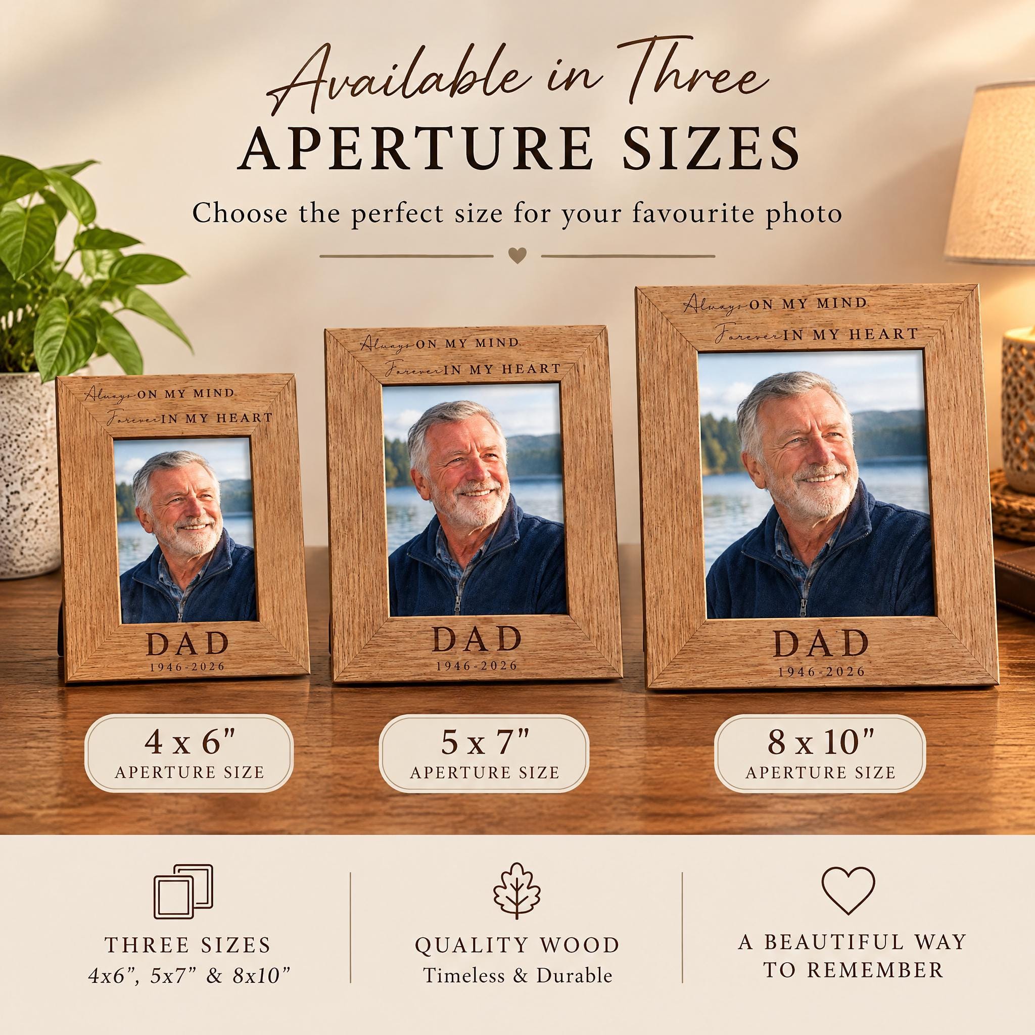 The image is an advertisement for three different sizes of wooden photo frames, each containing a photo of a smiling older man. The text above the image states that the frames are available in three sizes, and the text below the image provides information about the sizes and their respective features.