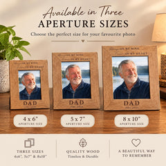 The image is an advertisement for three different sizes of wooden photo frames, each containing a photo of a smiling older man. The text above the image states that the frames are available in three sizes, and the text below the image provides information about the sizes and their respective features.
