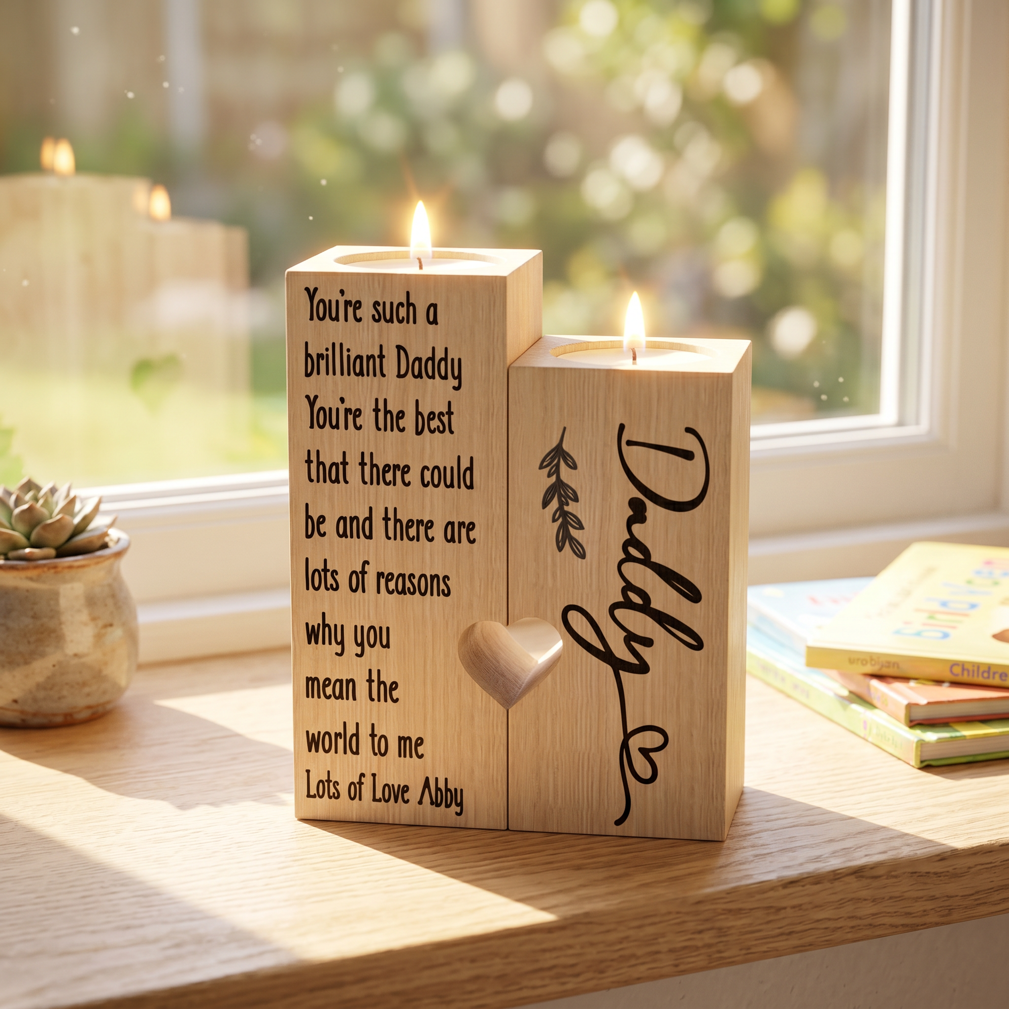 Personalised Tea Light Holder - Double Wooden Candle Gift for Daddy with Heart Cut Out Tea Light Holder ukgiftstoreonline