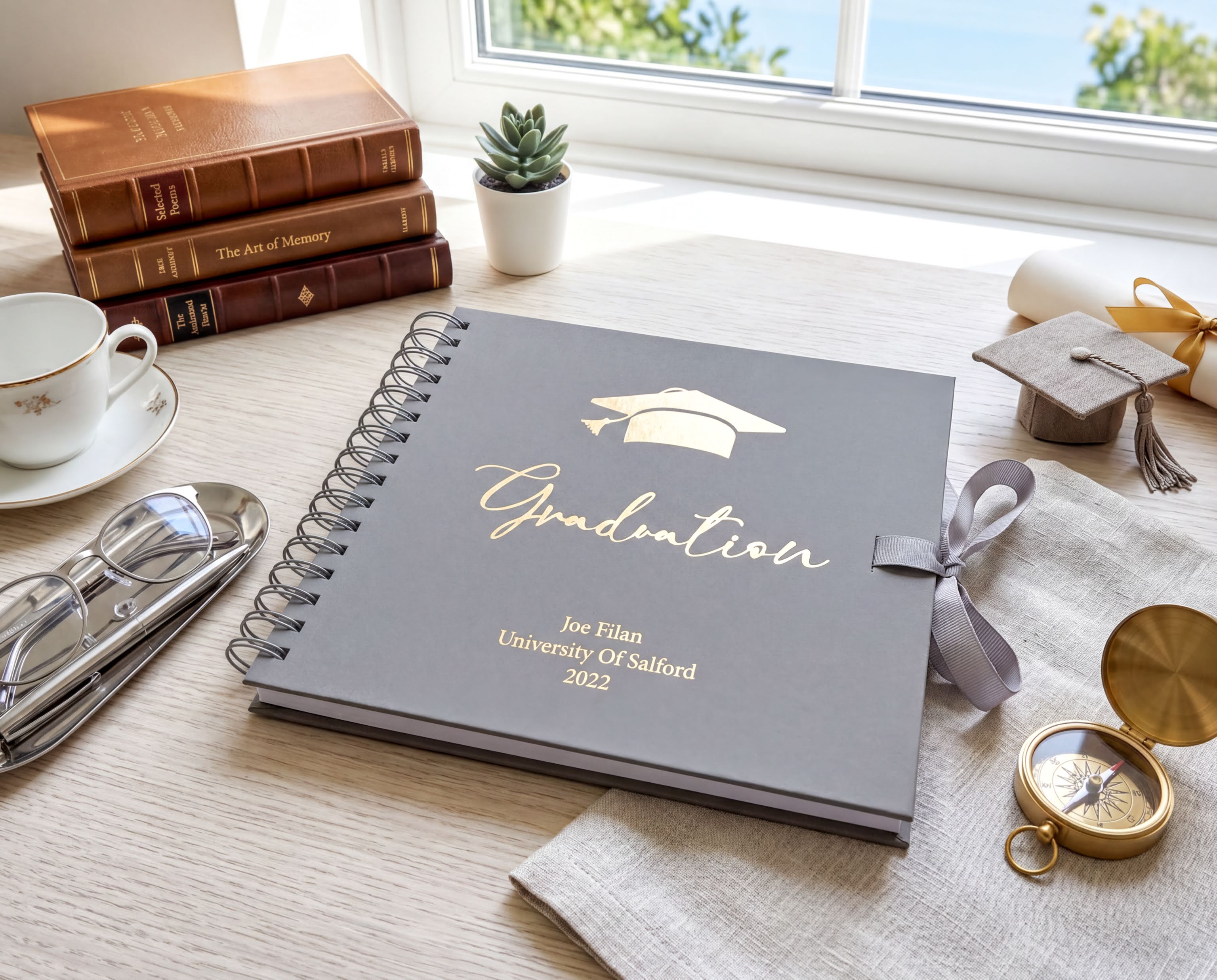 a graduation book sitting on top of a table