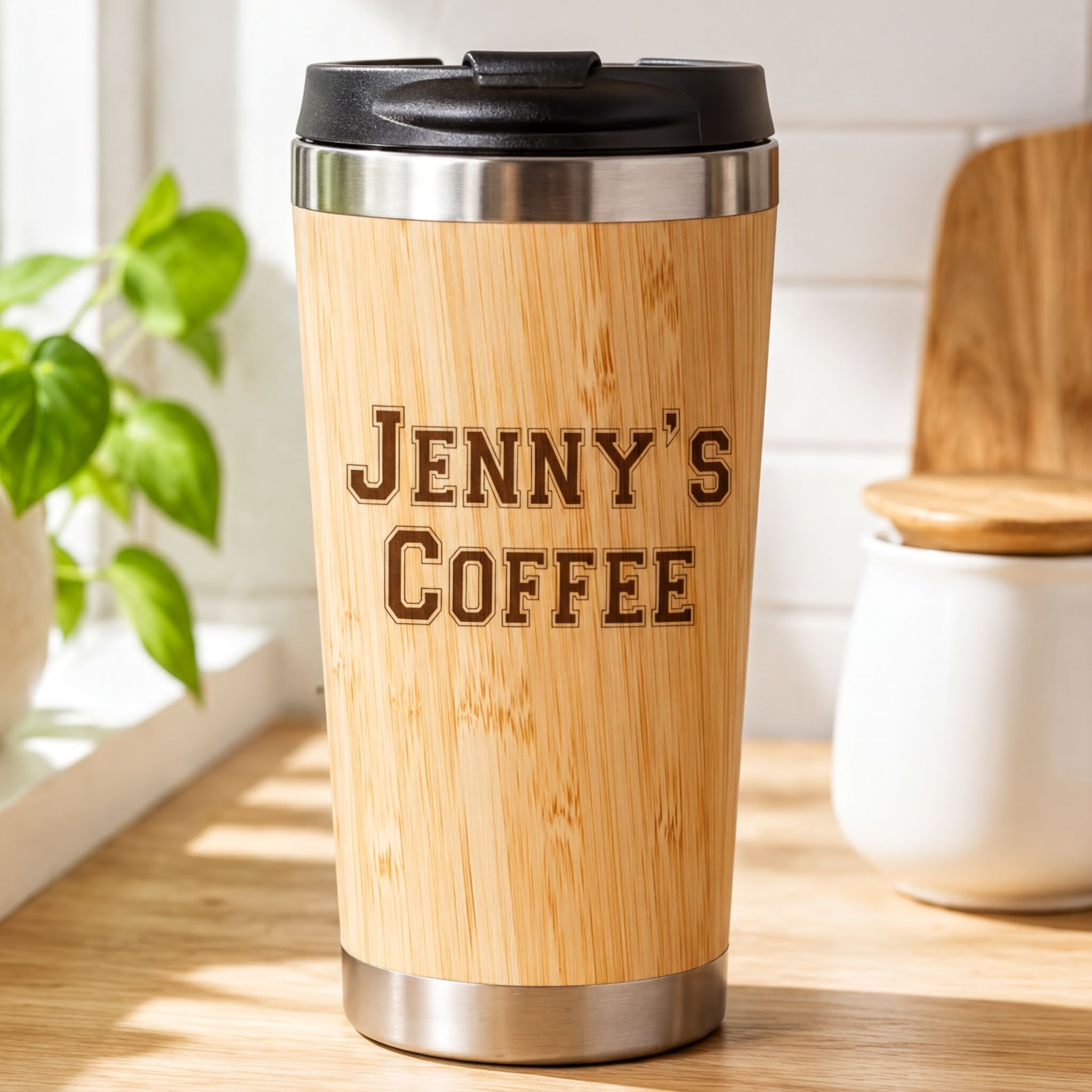 Personalised Any Name Reusable Sustainable Bamboo Travel Mug Personalised Mugs ukgiftstoreonline