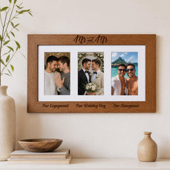 A wooden picture frame with three photographs of men, including a couple and two friends, is displayed on a shelf.