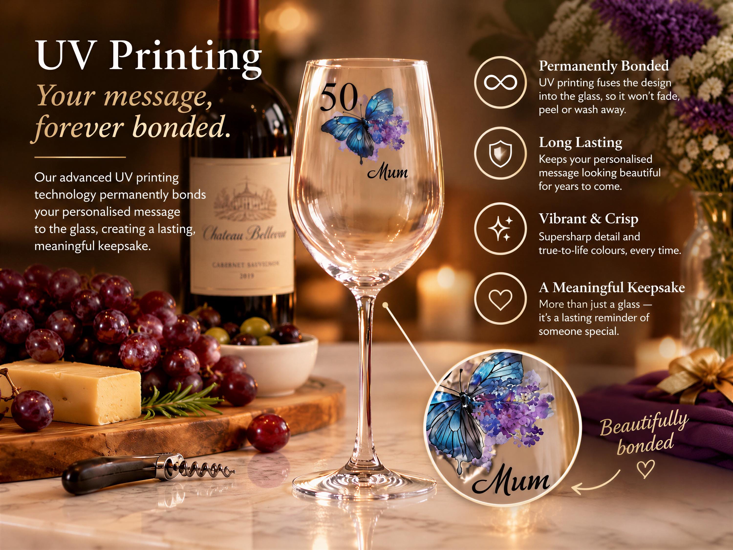 a wine glass with a butterfly design, a bottle of wine, and a wooden cutting board with grapes and cheese. The text highlights the UV printing technology that allows for permanent bonding of a message to the glass, creating a lasting keepsake.