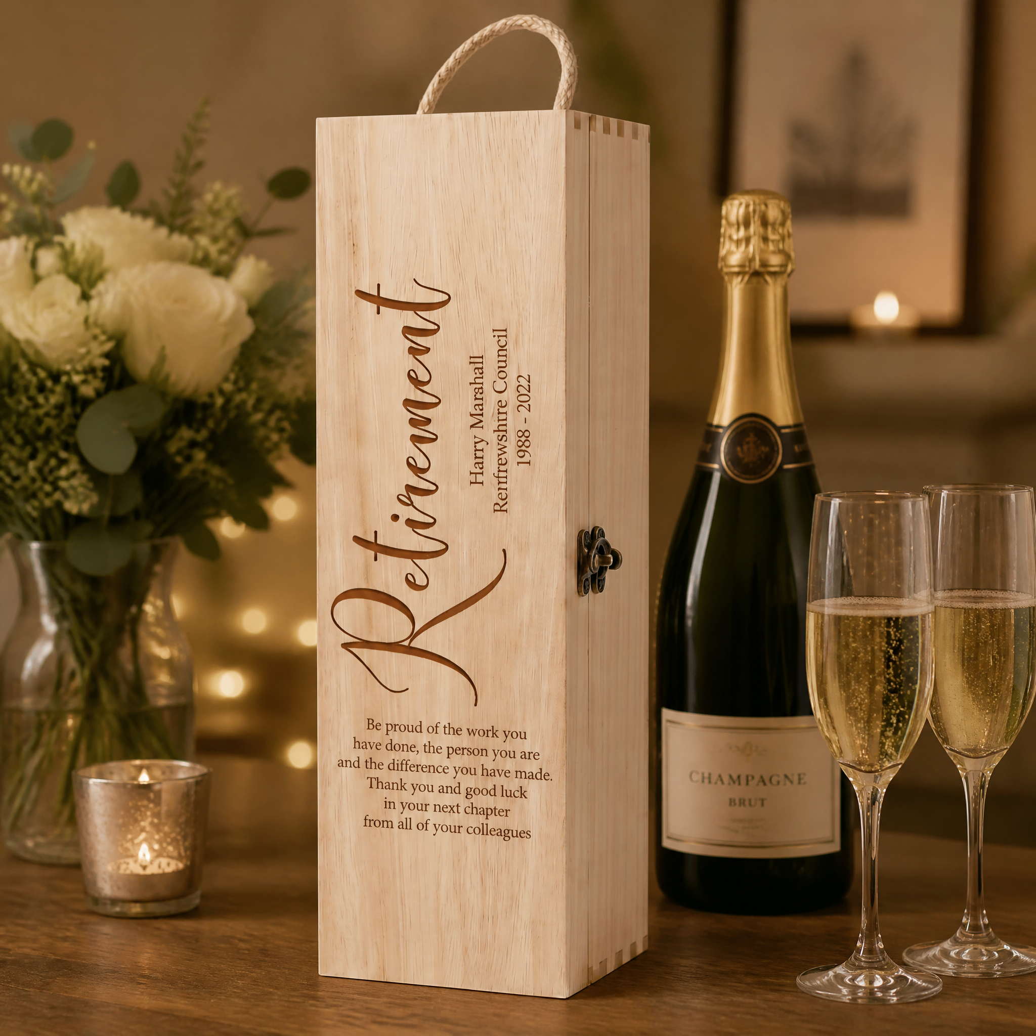 Personalised Retirement Champagne or Wine Bottle Holder Gift Personalised Wine Glasses ukgiftstoreonline