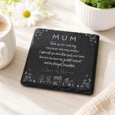 Mum Gift, Engraved Slate Stone Drink Coaster | Floral Design | 10Cm | Hand-Cut Raw Finish ukgiftstoreonline