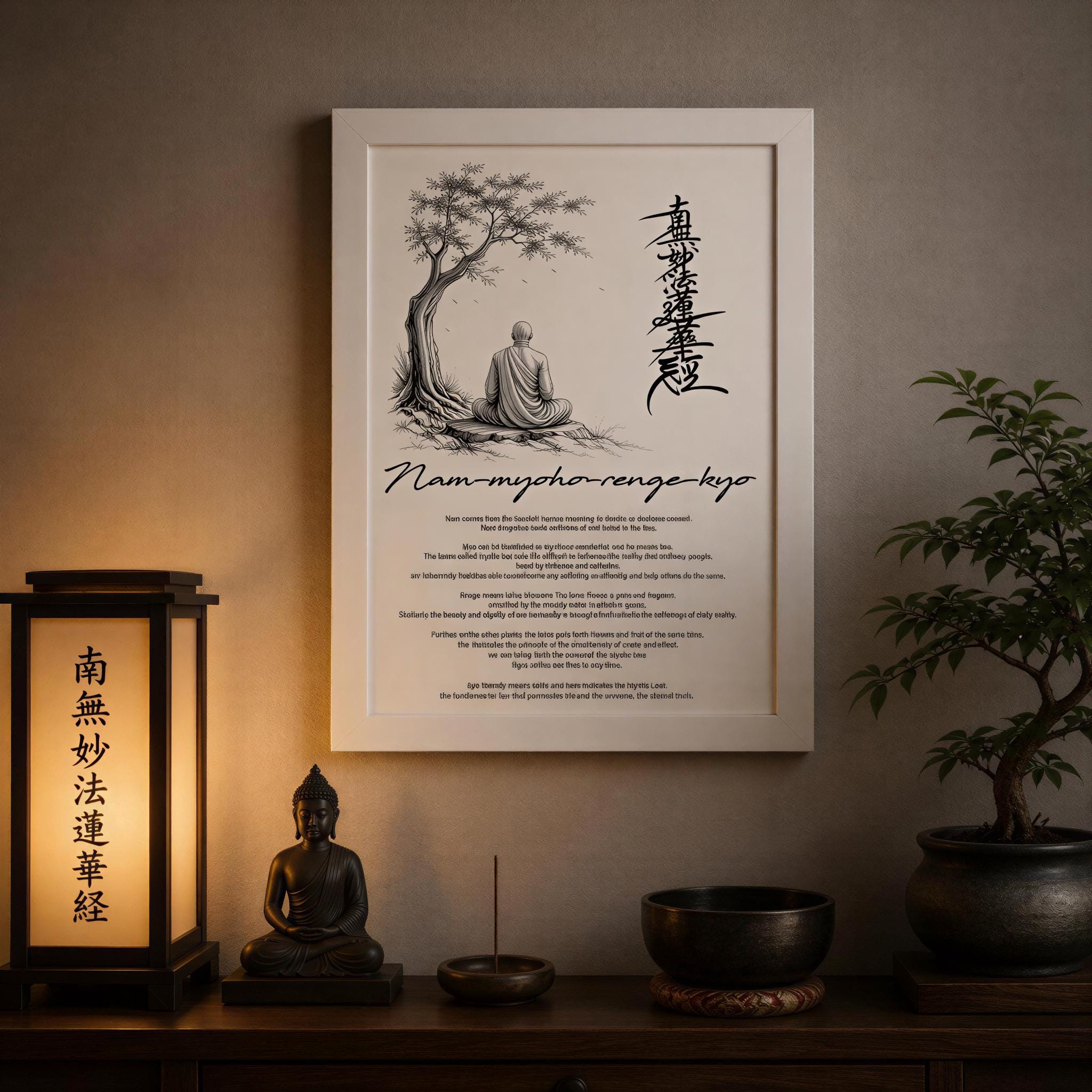 a serene and tranquil setting with a framed quote about mindfulness and meditation, a Buddha statue, and a potted plant.
