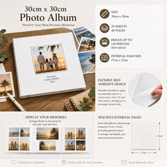 The image is a photo album with various photos arranged on a wooden surface. The album has a cover page with a family photo and a flexible self-adhesive design. The album includes 30cm x 30cm photo pages, 20 sheets, 40 pages, and a flexible self-adhesive design. The album also has internal pages for displaying memories and spacious internal pages for arranging photos. The album is perfect for any occasion and can keep memories alive.