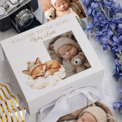 Personalised White Baby Memory Box, Cute Sleeping Animal Design, Keepsake For Special and Favourite Mementos