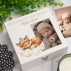 Personalised White Baby Memory Box, Cute Sleeping Animal Design, Keepsake For Special and Favourite Mementos