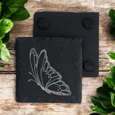 Set of 2 Butterfly Engraved Slate Stone Drink Coasters Personalised Slates ukgiftstoreonline