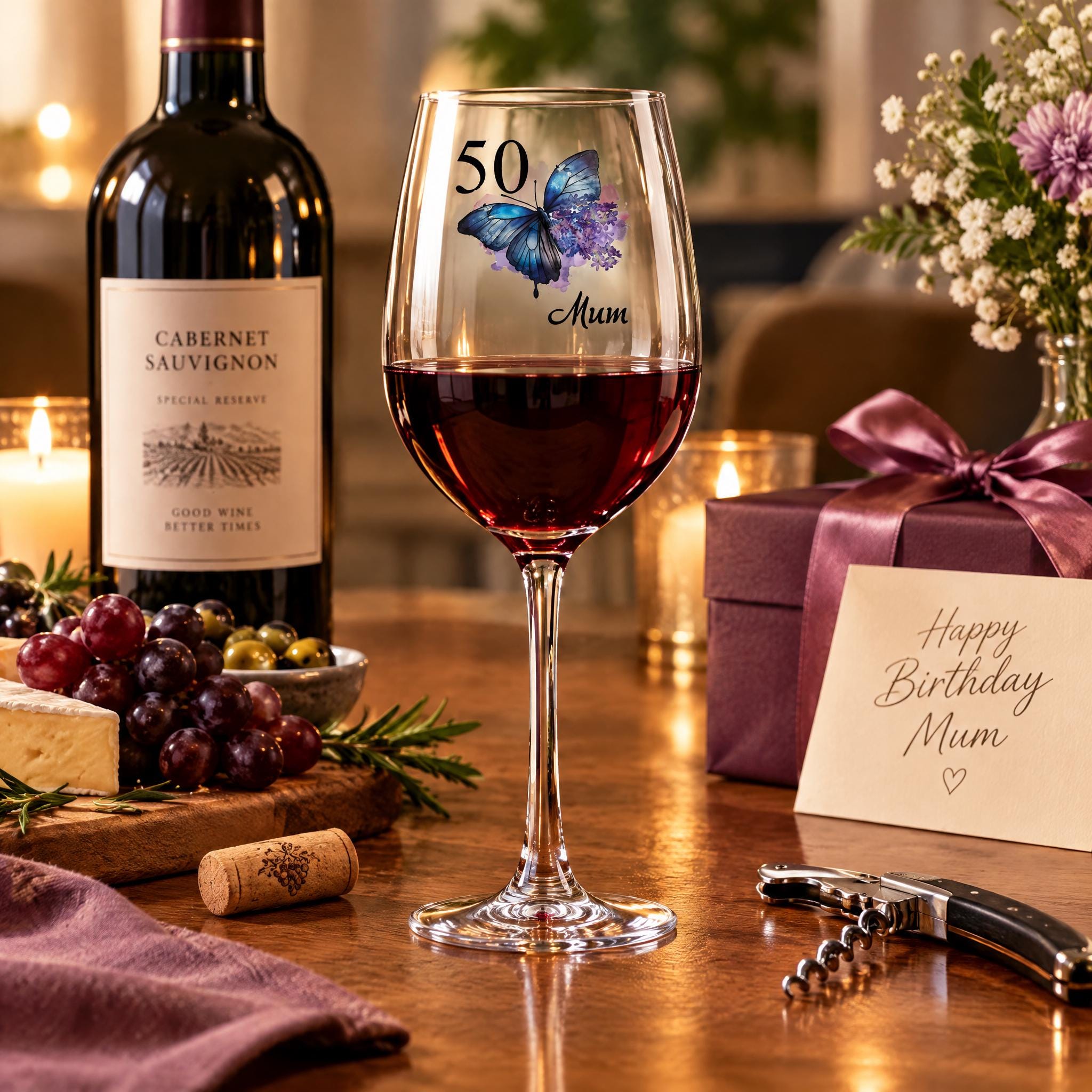 a wine glass with a 50th birthday message, a bottle of Cabernet Sauvignon, a gift box, grapes, a cheese platter, a corkscrew, and a note.