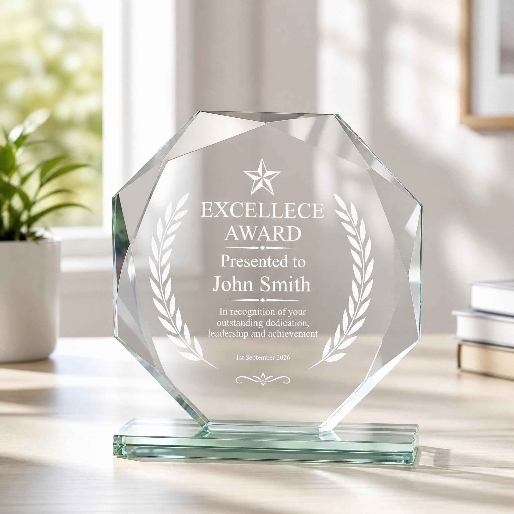 A clear glass award trophy with a star and laurel wreath design, placed on a glass stand. The trophy is presented to John Smith for an Excellence Award.