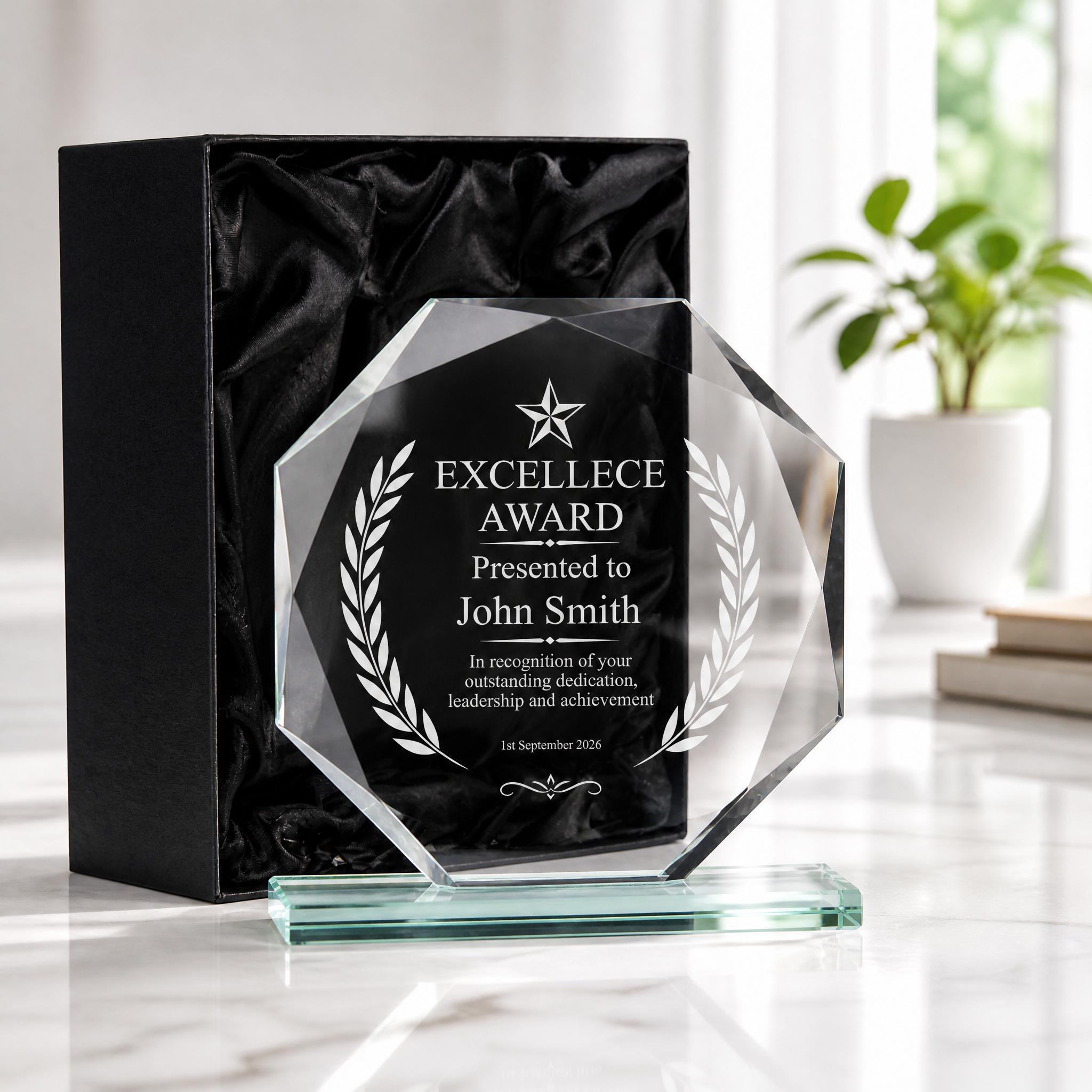 a clear glass award plaque with a black box and a potted plant in the background.