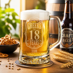 Cheers to 18 Years Birthday Gift Personalised Engraved Glass Beer Tankard personalised beer glass tankard ukgiftstoreonline