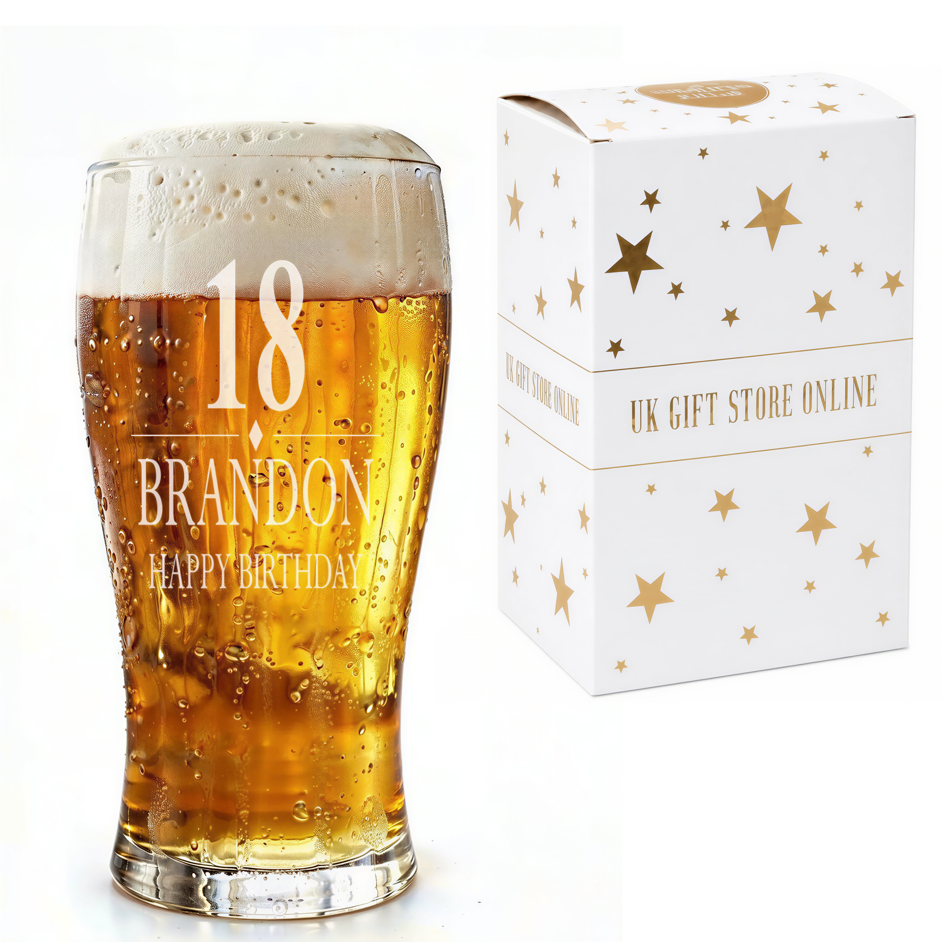 A glass of beer with the number 18 and the text "BRANDON" and "HAPPY BIRTHDAY" printed on it, next to a white box with gold stars and the text "UK GIFT STORE ONLINE".