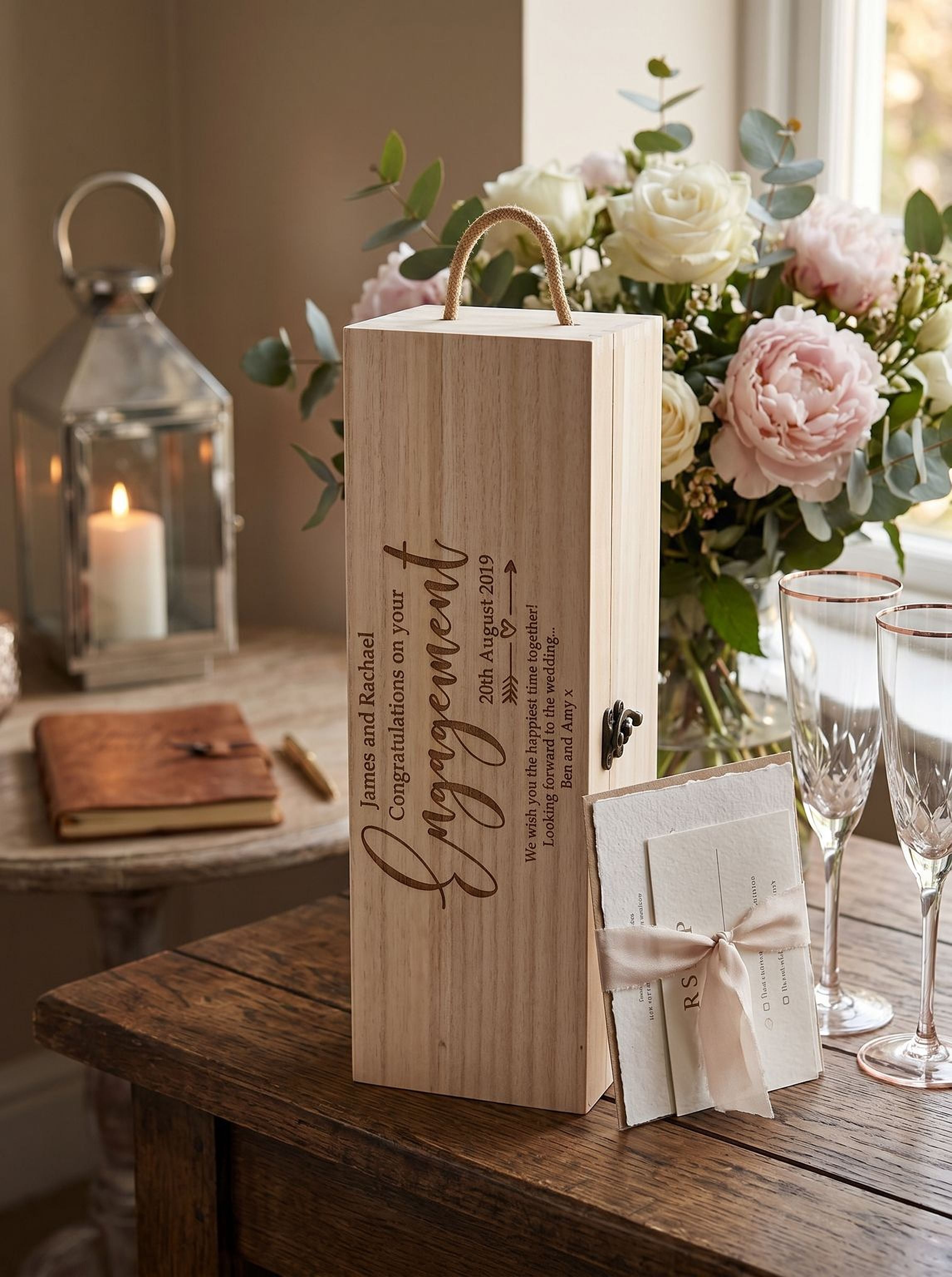ukgiftstoreonline Personalised Engagement Gift Champagne or Wine Bottle Holder Gift Personalised Wine Glasses ukgiftstoreonline