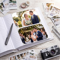 The image is a collage of two photographs depicting a bride and groom at their wedding, surrounded by wedding decorations, guests, and a camera.