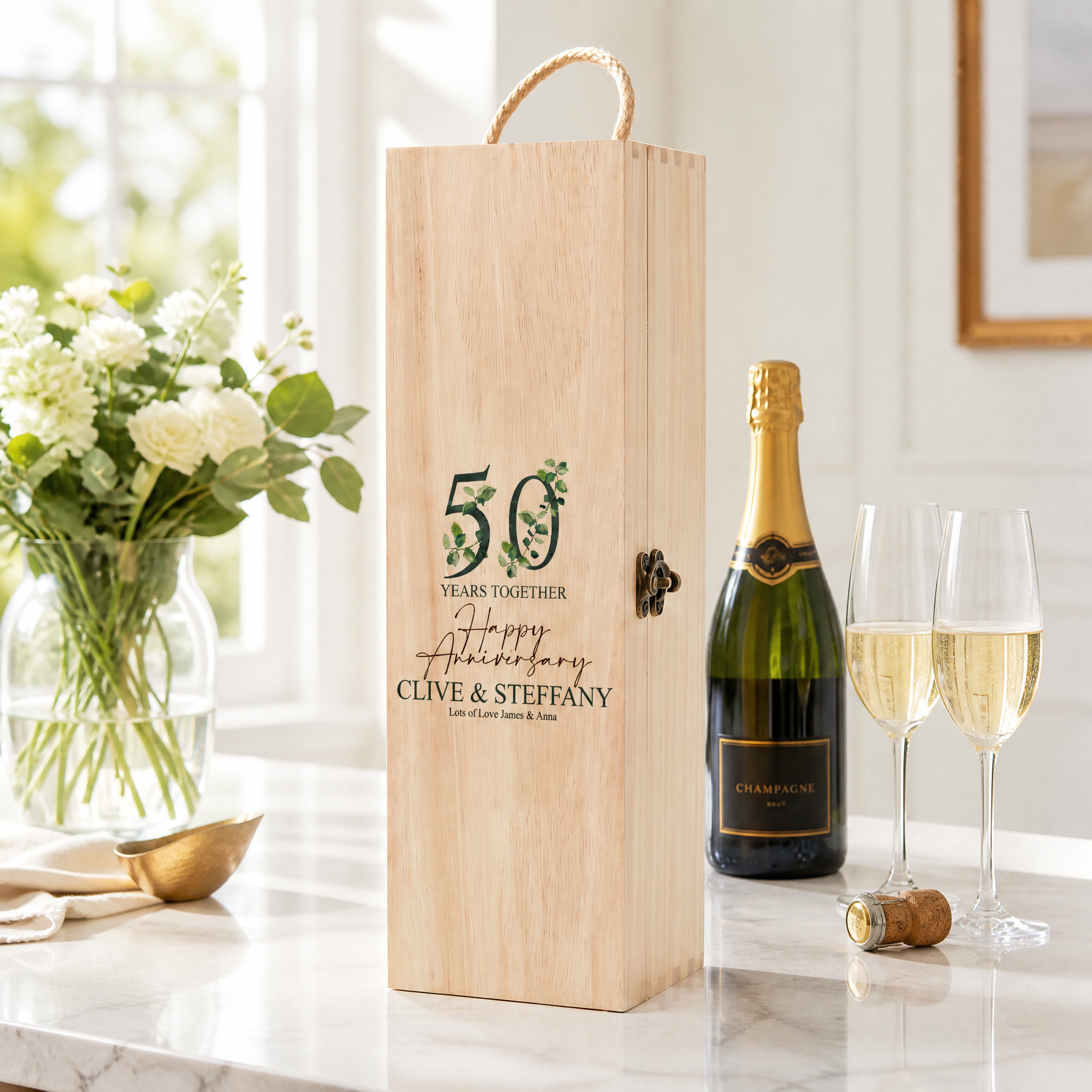 Personalised 50th Anniversary Wooden Wine or Champagne Box Gift Champagne Bottle Holders ukgiftstoreonline