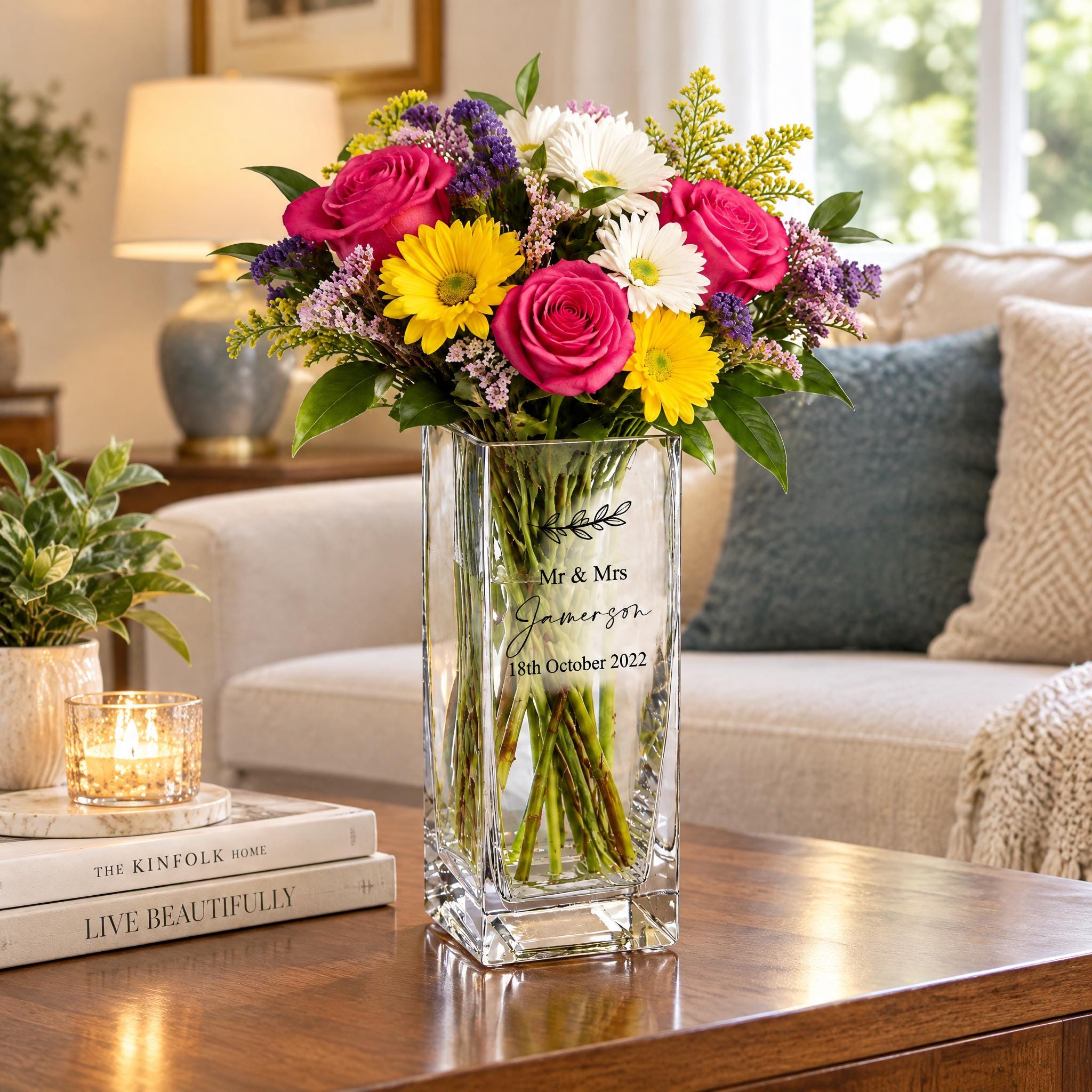 A clear glass vase filled with a colorful bouquet of flowers, including roses, daisies, and sunflowers, sits on a wooden table in a cozy living room.