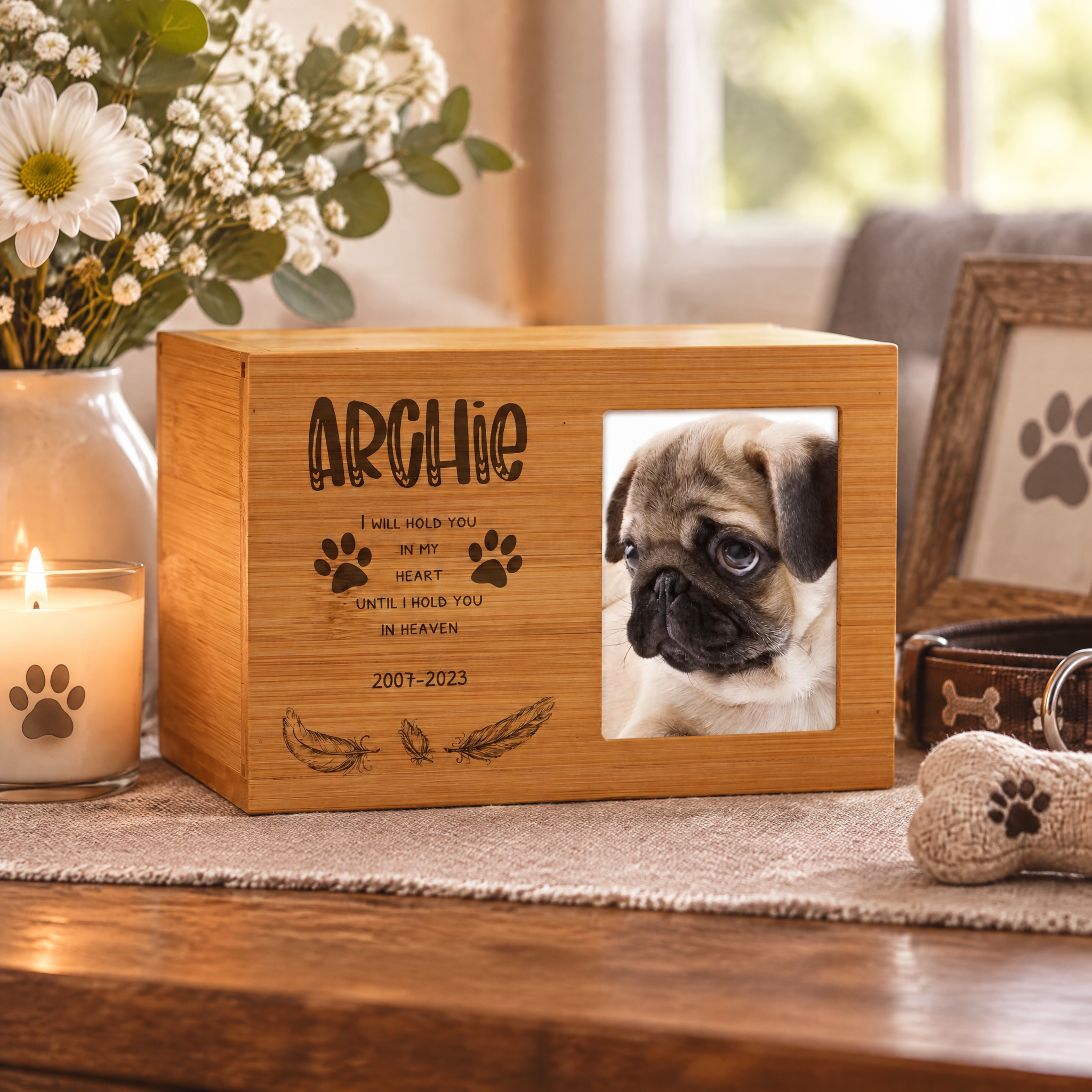 Personalised Wooden Dog Memorial Cremation Urn with Photo Heaven Quote Pet urn ukgiftstoreonline