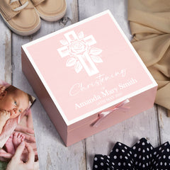 Personalised Christening Keepsake Box Gift For Boys and Girls With Rose Leaf Cross
