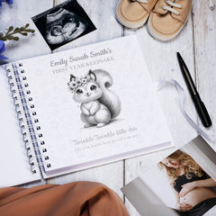 Personalised Baby's First Year Keepsake Journal Milestones and Memories With Cute Squirrel