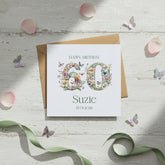 Personalised Luxury Linen 60th Birthday Card, Mum Daughter Auntie Niece Grandma Friend Floral Numbers Personalised Cards ukgiftstoreonline