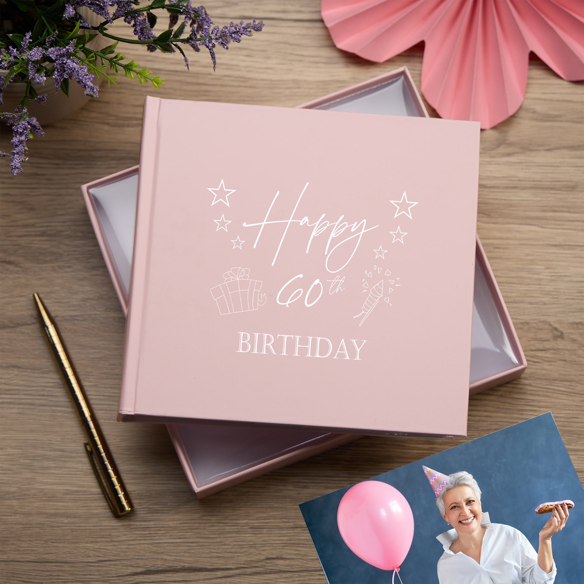 60th Birthday Pink Photo Album Gift For Her With Present Design photo album ukgiftstoreonline