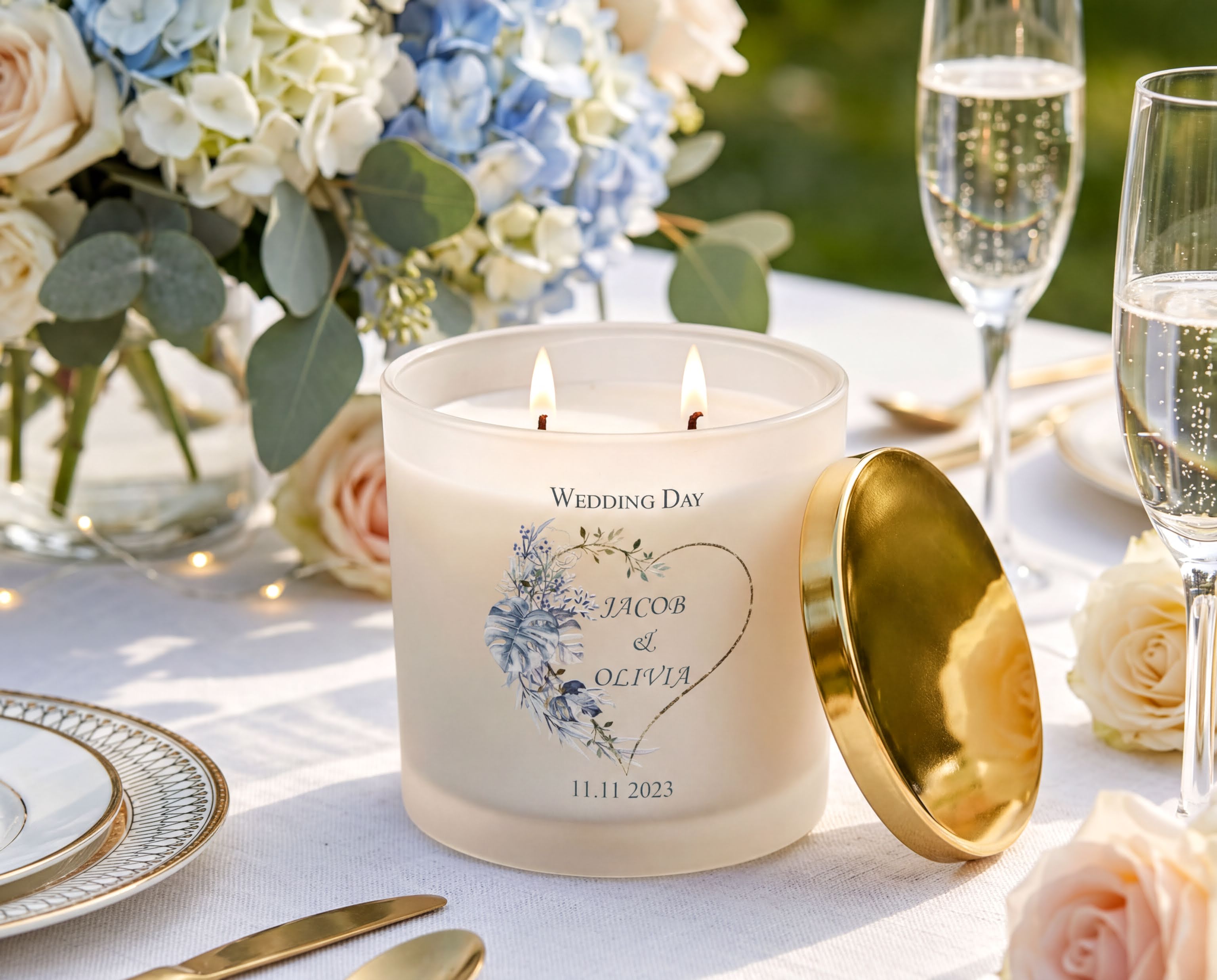 Personalised Large Double Wick Wedding Candle Gift With Tropical Heart personalised Candle Lights ukgiftstoreonline