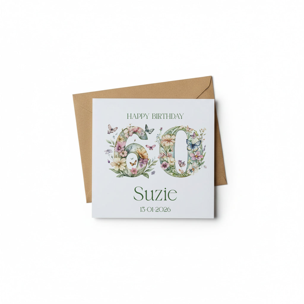 Personalised Luxury Linen 60th Birthday Card, Mum Daughter Auntie Niece Grandma Friend Floral Numbers Personalised Cards ukgiftstoreonline