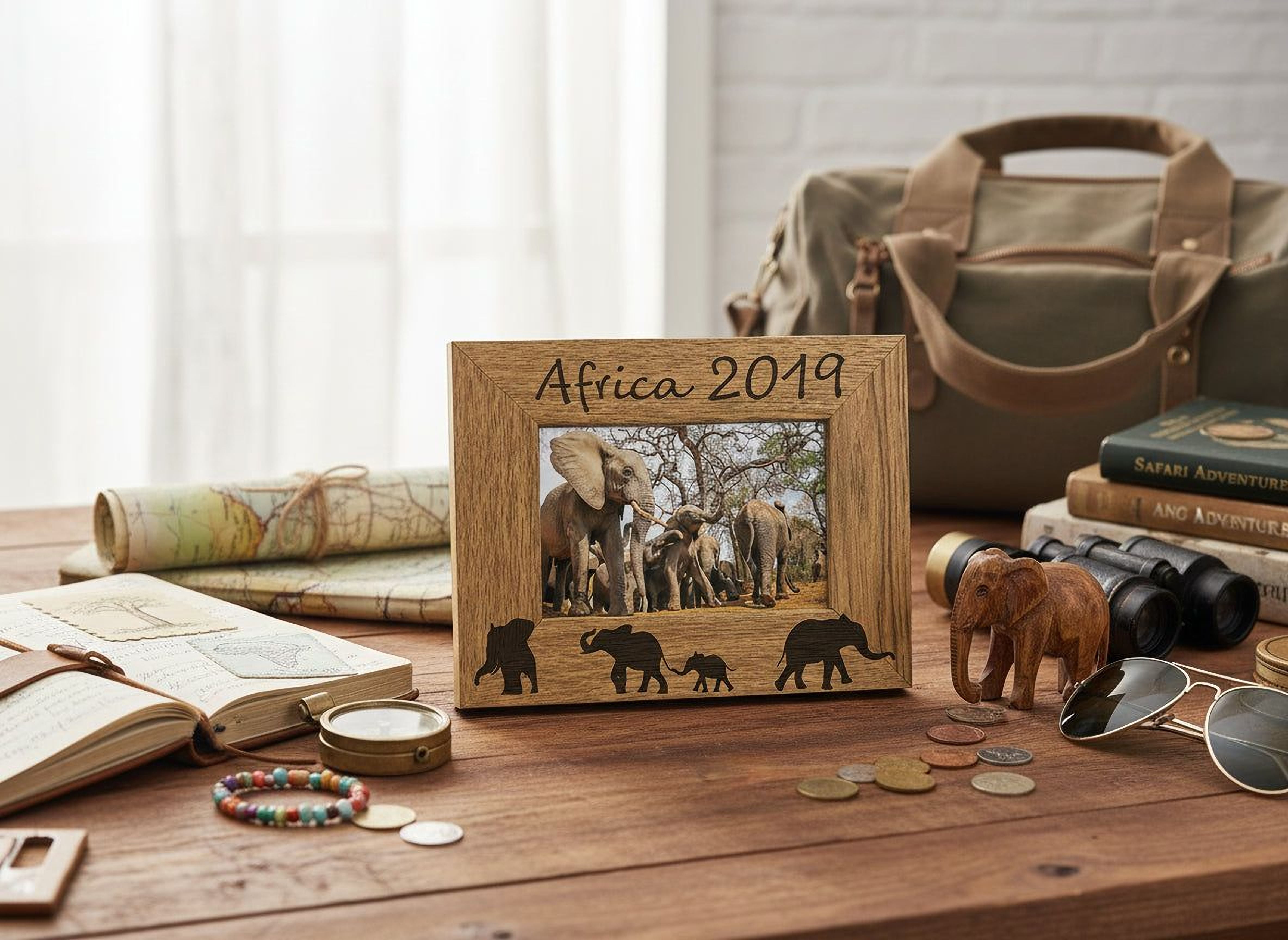 Personalised Elephant Design Engraved Wooden Photo Frame Travel Gift Photo Frame ukgiftstoreonline