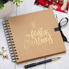 My First Christmas Brown Scrapbook Photo Album Gold Print