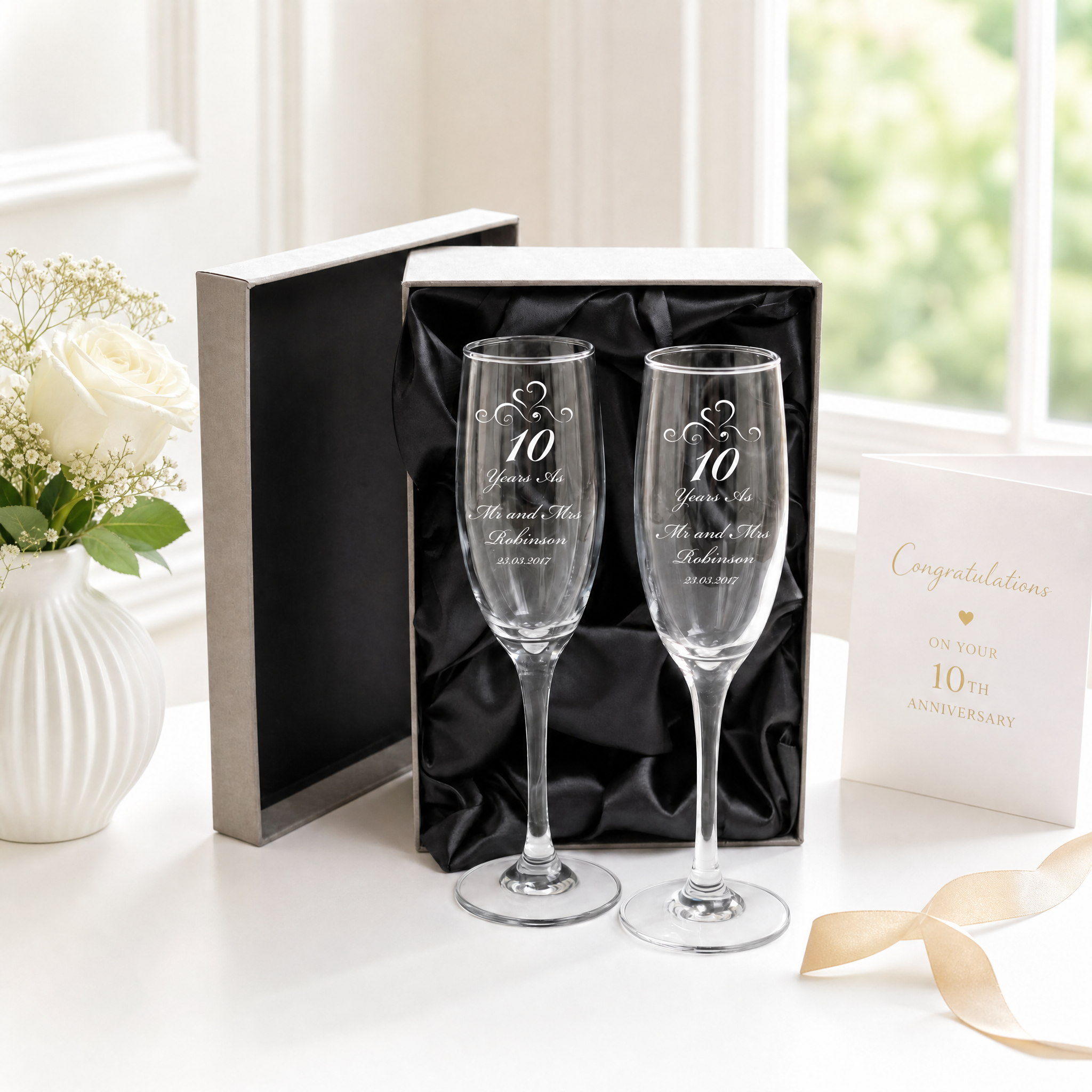 10th Anniversary Gift Personalised Engraved Champagne Flutes x 2 Personalised Champagne Glasses ukgiftstoreonline