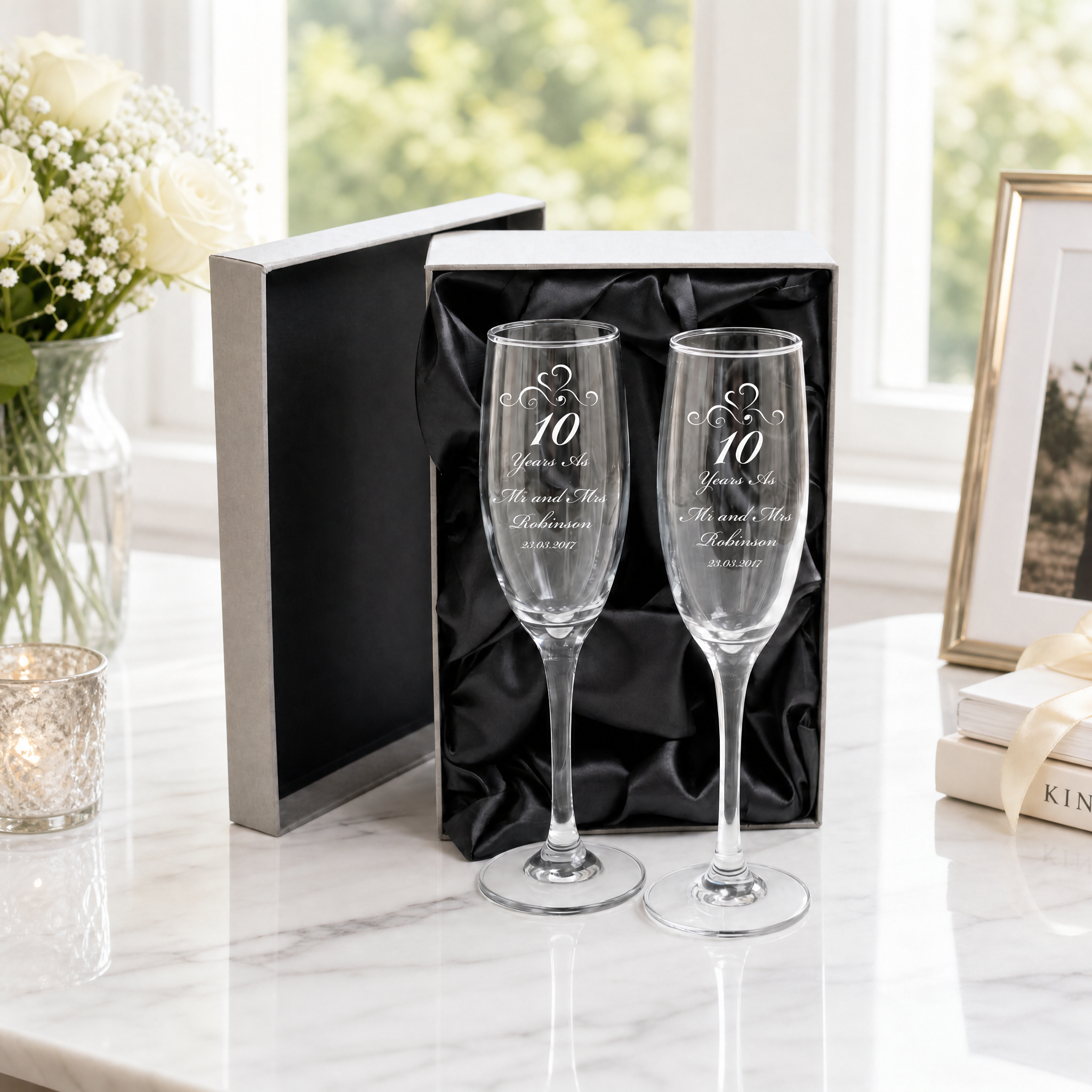 10th Anniversary Gift Personalised Engraved Champagne Flutes x 2 Personalised Champagne Glasses ukgiftstoreonline