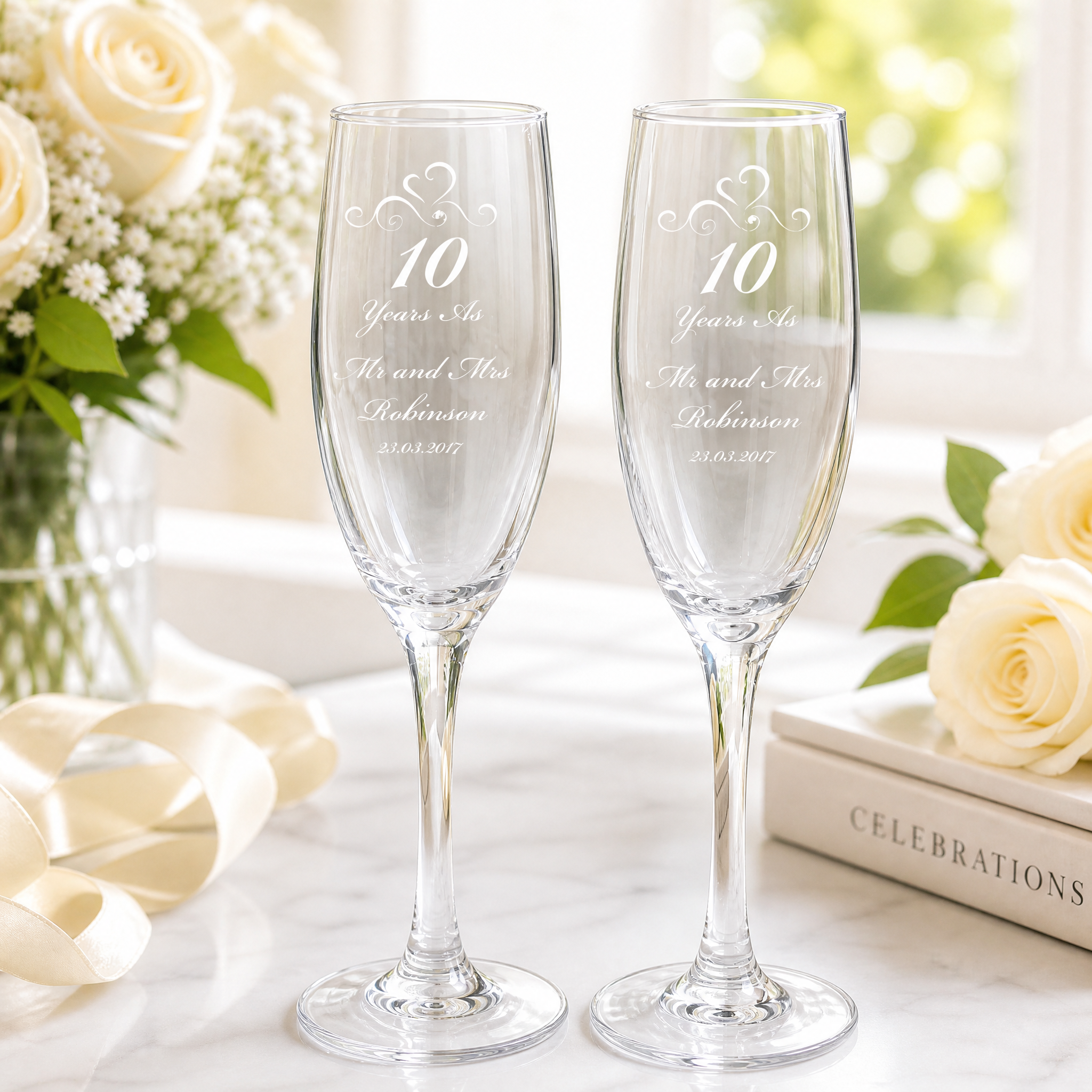 10th Anniversary Gift Personalised Engraved Champagne Flutes x 2 Personalised Champagne Glasses ukgiftstoreonline