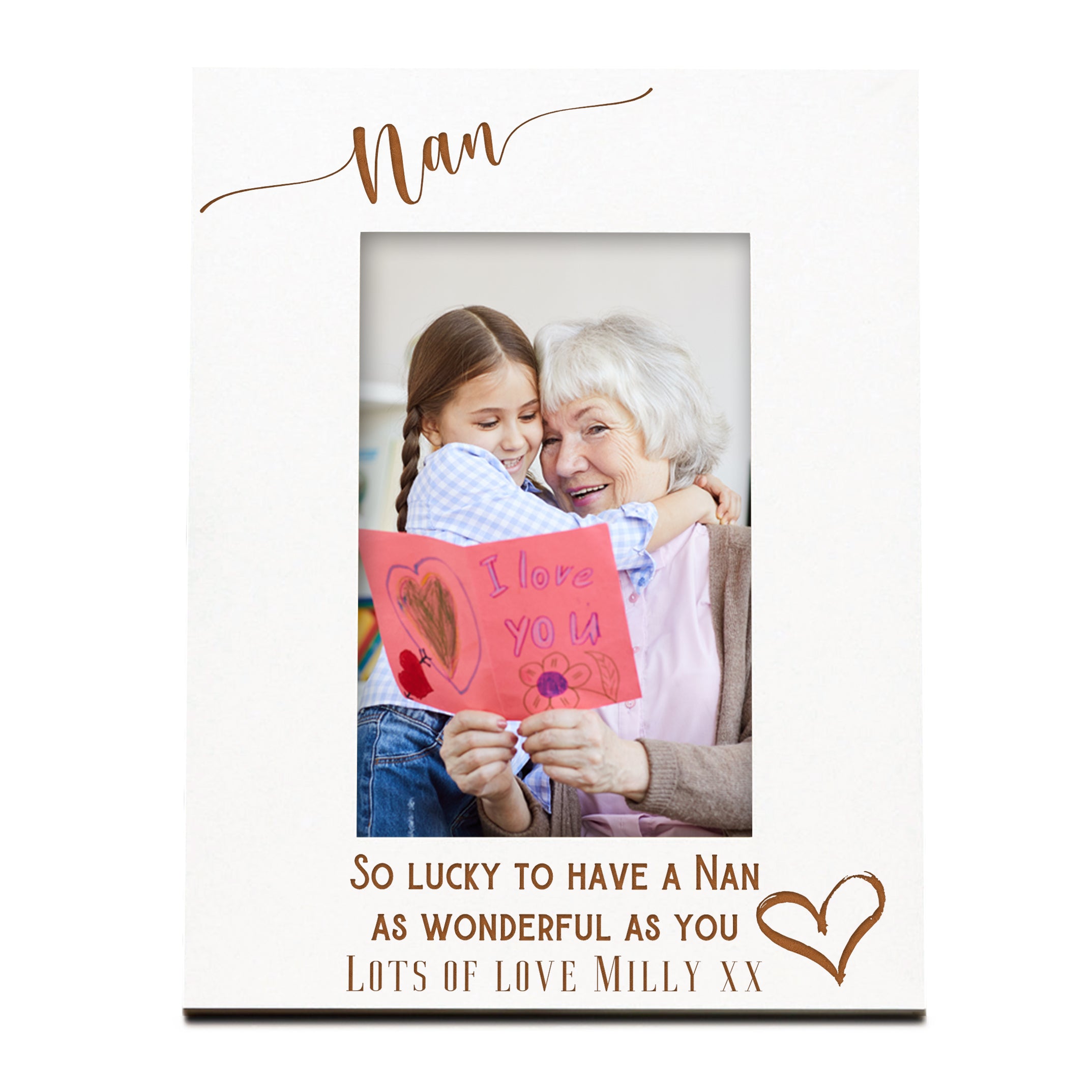 Personalised Nan Love Heart White Wooden Engraved Portrait Photo Frame Family Photo frame ukgiftstoreonline