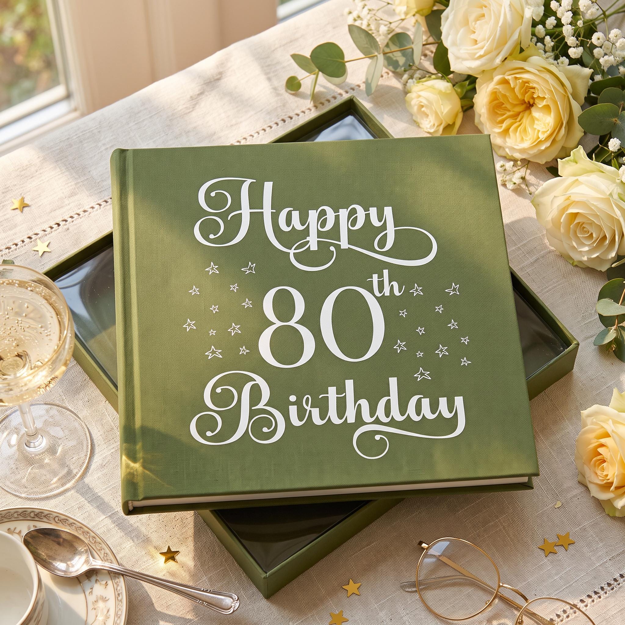 A green book titled "Happy 80th Birthday" sits on a table surrounded by flowers and a glass of wine.