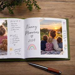 a photo album with a handwritten note and a photo of a family enjoying a sunset together.